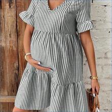 HENG
  Vestido de enfermería con cuello en V, manga corta con volantes, estampado floral y lazo, a rayas, informal, adecuado para la playa y vacaciones, para maternidad - Azul y blanco - Ver 11