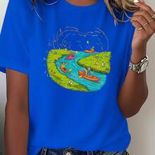 Comfortable Solid Color T-Shirt For Women With Cheerful Canoe Animal Scene Design. - 藍色 - 查看 7
