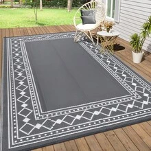 BouPower Waterproof Reversible Outdoor Rug For Patio, Modern Bordered Plastic Straw Mat,Easy To Clean, Portable For RV, Deck, Balcony, Backyard, Picnic, Beach - Gray 9*18ft - View 3