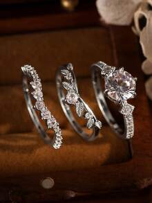Gift Box Set 3pcs Bridal Ring Set, Round Main Diamond & V-Shaped Leaf Full Diamond Band, Silver Stackable Women's Wedding Rings - Silver - View 3