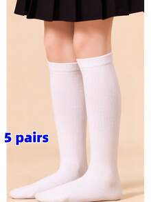 5 Pairs Back To School White Knee-High Socks, Tall Socks, School Uniform Socks, Calf Socks For Boys And Girls, Outdoor Sports, Football Socks - White - View 2