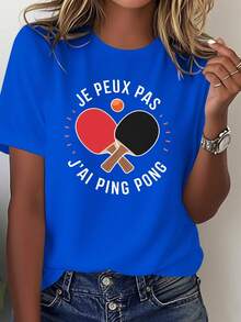 Comfortable Solid Color T-Shirt For Women, 100% Cotton, With French Table Tennis Racket Design. - Blue - View 1