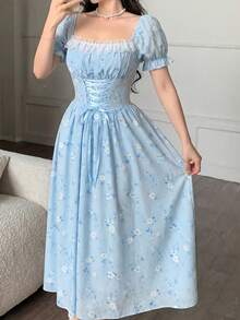 Elegant Long-Sleeved Dress With A Lace Collar And Fitted Hem, Featuring A Charming And Romantic Floral And Lace Design, Ideal For Holidays, Women's Dress - 藍色 - 查看 4