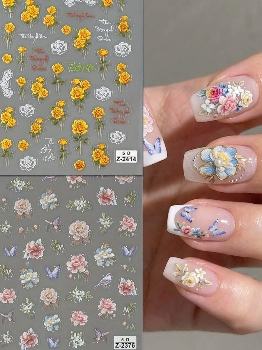 2件/組 5D 浮雕花卉美甲貼紙：復古油畫黃玫瑰、粉色與藍色花卉蝴蝶與鳥類黏貼貼紙；法式田園少女風，春夏季婚禮與音樂節必備 DIY 自黏美甲貼花