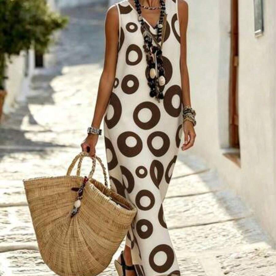dagjydgfyja  Holidaya Vestido suelto de mujer con cuello en V sin mangas con estampado retro circular, cómodo de llevar, adecuado para vacaciones, citas, ocasiones elegantes y casuales; corte suelto, adecuado para crear un atuendo elegante, de moda y casual; vestido tipo kaftan, adecuado para mujeres; vestido de estilo bohemio de verano; vestido de vacaciones para mujer; vestido de estilo mediterráneo - Marrón - Ver 1