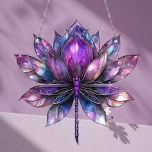 Blue Lotus Dragonfly Dreamcatcher, 2D Acrylic Wall Hanging, Purple Stained Glass Style, Window & Home Decor, Dreamy Starry Art, Boho Aesthetic, Light Catcher Ornament, Indoor Outdoor Decoration - Set - View 7