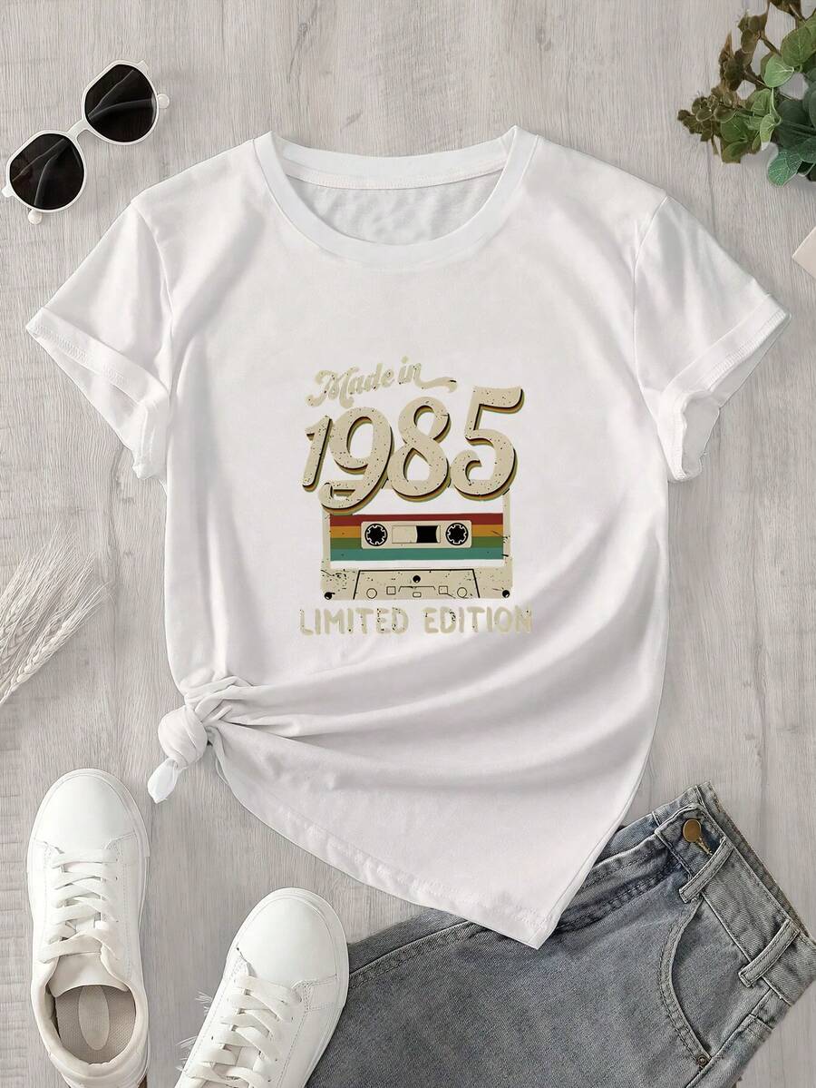 Camiseta de manga corta y cuello redondo para mujer, edición limitada de 1985, estampada, apta para todas las estaciones. - Blanco - View 1