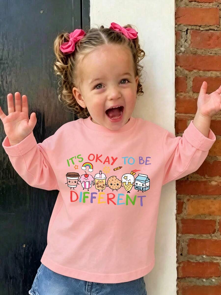 1pc Baby Girl Cute Long Sleeve T-Shirt, "IT'S OKAY TO BE DIFFERENT" Print, Soft Fabric, Casual Style - Pink - View 1