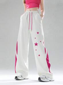 JUTU Loose Fit Colorblock Star Print Ice Silk Thin Drawstring High Waist Casual Pants, Suitable For Spring, Summer And Autumn, Straight Leg Design For Women - White and Red - View 1