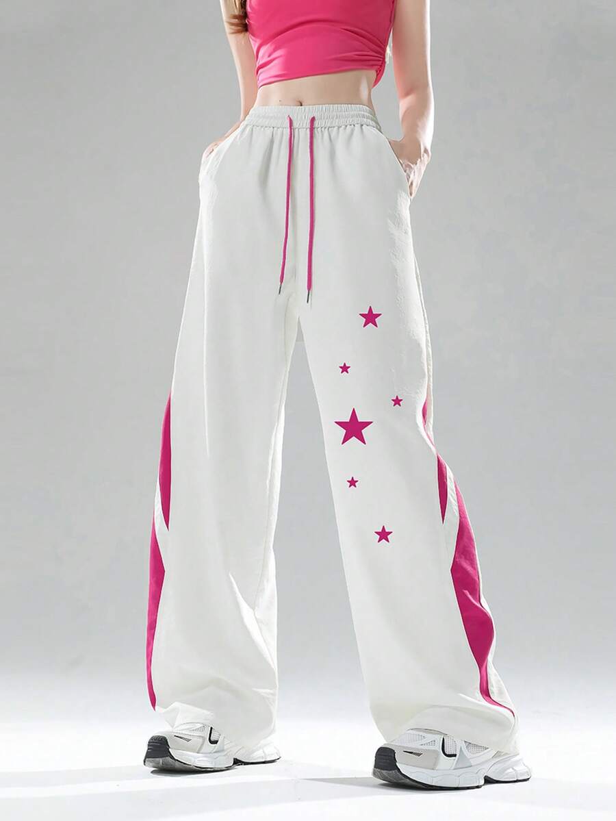 JUTU Loose Fit Colorblock Star Print Ice Silk Thin Drawstring High Waist Casual Pants, Suitable For Spring, Summer And Autumn, Straight Leg Design For Women - White and Red - View 1