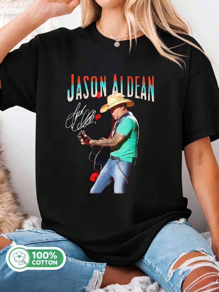 Retro Country Music Signature 100% Cotton Concert Fan T-Shirt - Black - View 1