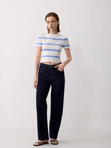 Women's Striped Short Sleeve Casual Knit Cropped T-Shirt Summer - Blue and White - View 3