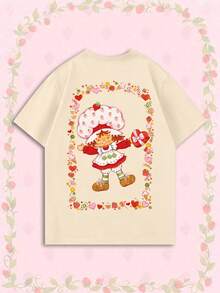女款夏季 T-shirt，可愛糖果邊印花寬鬆休閒 T-shirt，適合日常甜美女孩風格 - 杏色 - 查看 1