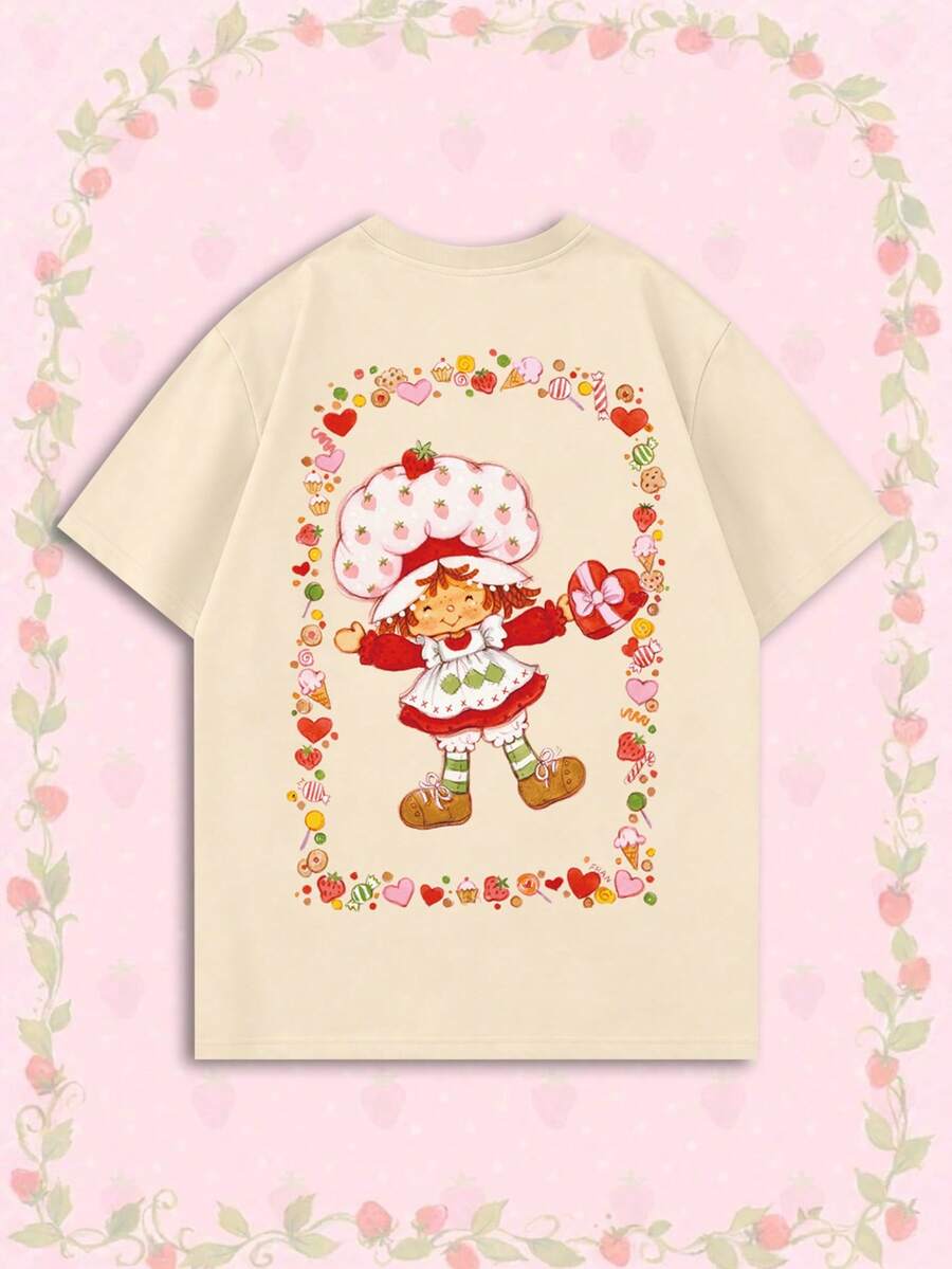 女款夏季 T-shirt,可愛糖果邊印花寬鬆休閒 T-shirt,適合日常甜美女孩風格 - 杏色 - 查看 1