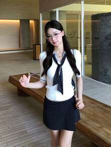 女款 V 領 2 合 1 修身波點蝴蝶結短袖針織上衣，夏季 - 白色 - 查看 3