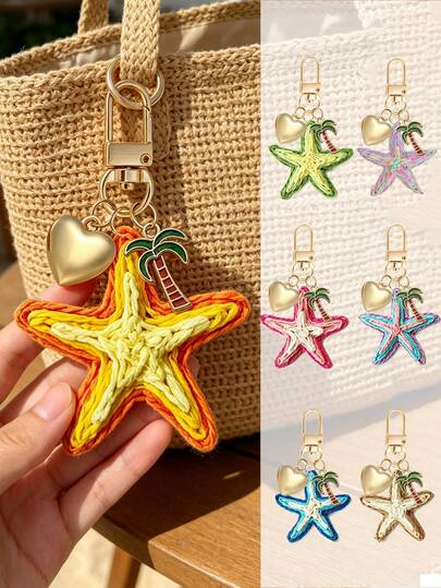 Dopamine Colored Grass Woven Bag Pendant, Starfish Heart And Coconut Tree Ornaments, Summer Dopamine, Beach And Holiday Theme Accessories, Personalized Charm Essential For Spring And Summer Clothing, Suitable For Backpacks, Wallets, Handbags, Or As Decorative Charm, Ideal Gifts For Friends, Classmates, Lovers, Beach Enthusiasts, Bohemian Fashionable Women's Accessories, Personalized Keychains For Travel, Summer And Daily Use