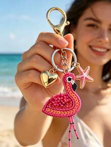 Flamingo Shell Pendant Keychain, Pearl And Heart Design, Ocean Style Zinc Alloy Key Ring, Suitable For Men And Women, Perfect For Valentine's Day, Mother's Day, Father's Day, Independence Day, Beach Lovers, Cute And Durable, Suitable For Bags, Car Accessories, Gift For Friends And Family, Rhinestone Ocean Animal Pendant - Multicolor - View 1