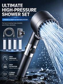 High Pressure Shower Head With Filter, Shower Hose And Shower Bracket, 4 High Pressure Spray Modes, Bathroom Shower Head With Pause Switch, Water-Saving Massage Type Bathroom Accessories - Grey - View 1