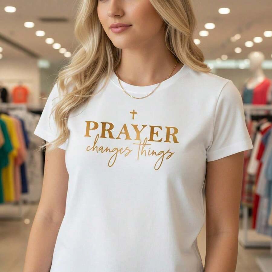 Women's Pure Cotton Graphic T-Shirt With "Prayer Changes Things" Lettering Print, Short Sleeve, Round Neck, Casual Style, Available In Plus Sizes S-5XL, Inspirational Religious Top For Everyday Wear, Black/Gold, 100% Pure Cotton, Bohemian Style. - 白色 - 查看 1
