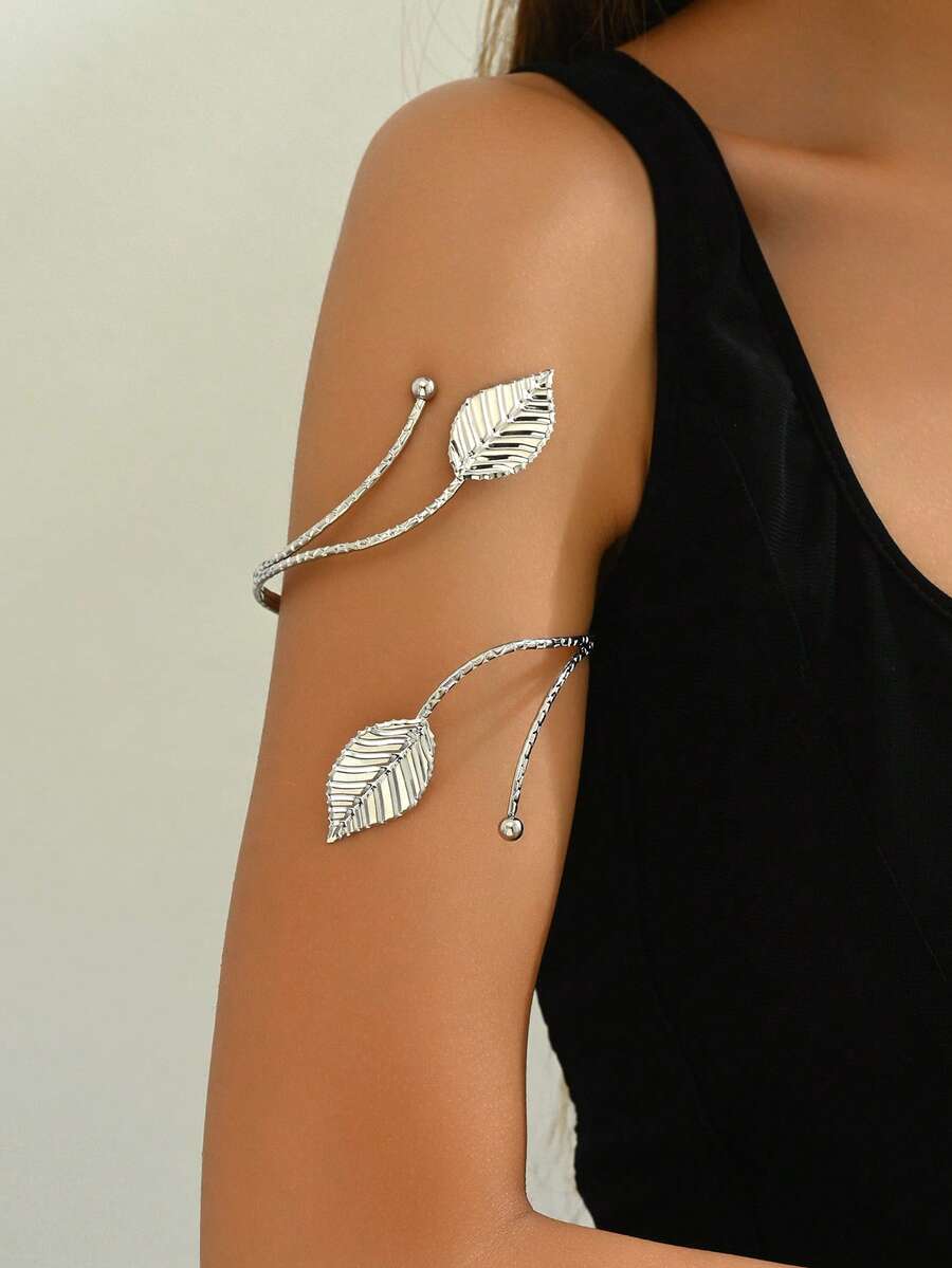 1pc Women's Metal Leaf Creative Design Fashion Niche Arm Cuff Suitable For Daily Wear - Silver-b624 - View 1