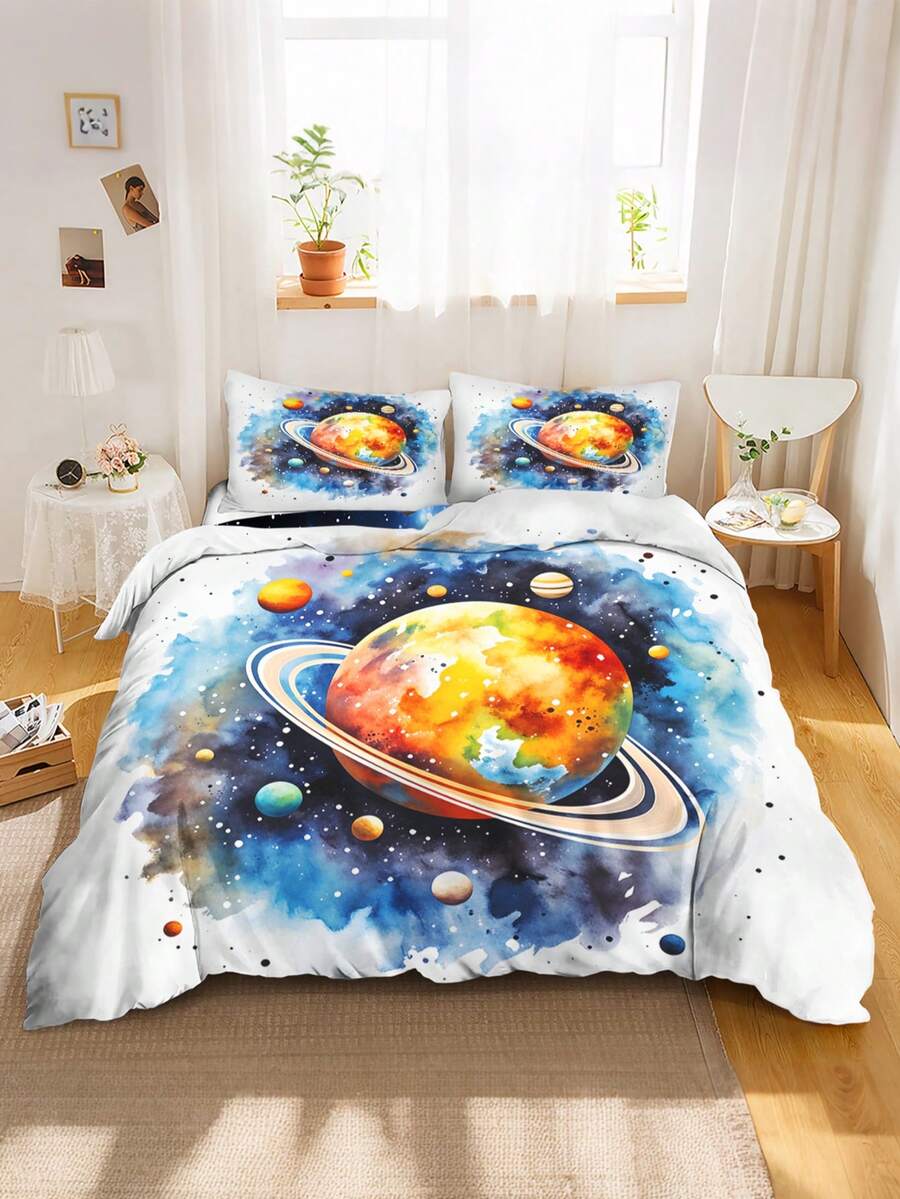 2/3件組 水彩太空行星床上用品套組,太陽系被套組含枕套,男孩女孩適用外太空臥室裝飾(不含被芯)135x200cm - 彩色 - 查看 1
