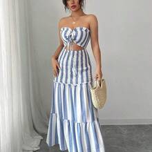 Vestido de tirantes finos con lazo en la cintura, estilo elegante y sexy con rayas, versátil para fechas, salidas, vacaciones, días festivos, vuelta al cole, atuendo de maestro, bodas, fiestas, festivales de música, Oktoberfest, Halloween, Acción de Gracias. Nuevos modelos de verano 2025. . - Azul y blanco - Ver 7
