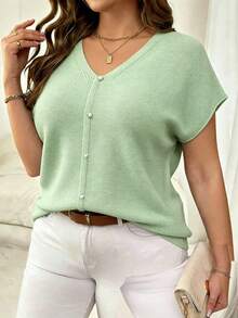 Plus Size Deep V-Neck Knit Top, Semi-Sheer Drop Shoulder Design, Regular Length, Slightly Stretchy Summer - Green - View 5