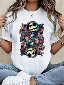 Disney Jack Skellington  T Shirt Black Halloween Pumpkin Skeleton Print For Women And Men Casual Wear Party Outfit - 白色 - 查看 1
