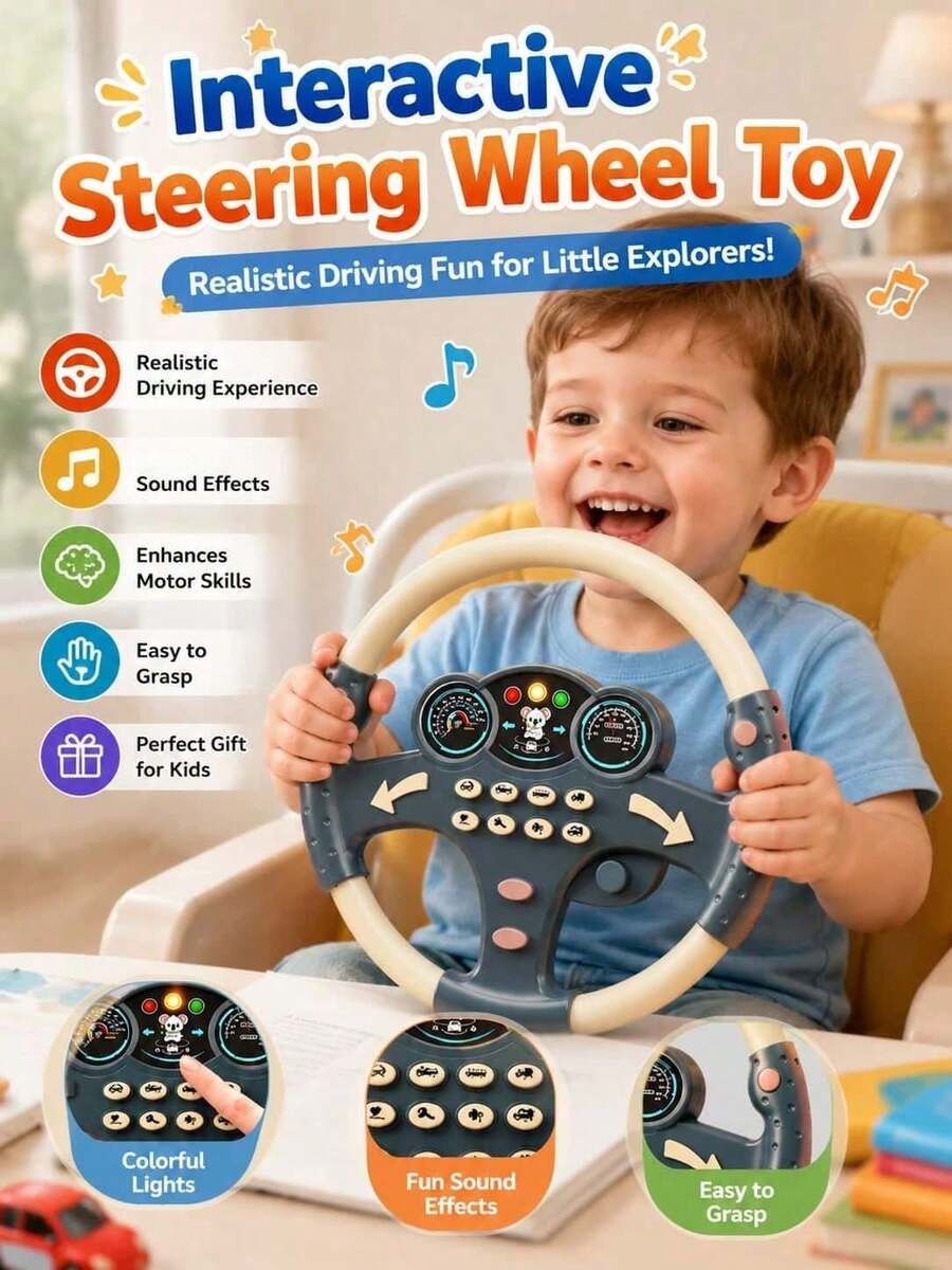 Children's Realistic Steering Wheel Toy - Features Sound Effects, And Music; An Educational Toy For Learning Traffic Rules. Simple And Easy To Play,A Perfect Birthday Gift For Boys And Girls Ages 3+ (Not Included 2 AA Batteries).