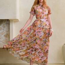 yonghongmaoyi1  Vestido corto con estampado floral, manga corta con volantes y bajo con volantes de gasa para mujeres - Beis - Ver 5