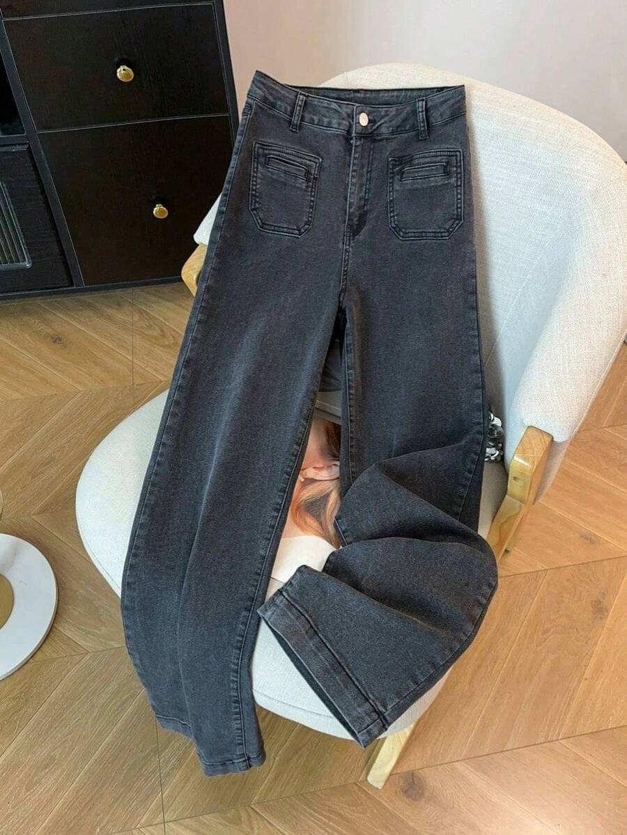 IDYLLIC Pantalones baggy Wide leg jeans mujer Vaqueros pantalón ropa casual lavada con agua cintura alta pantalones vaqueros pantalon de mezclilla dama pantalones cargo de mujer - Gris - Ver 1