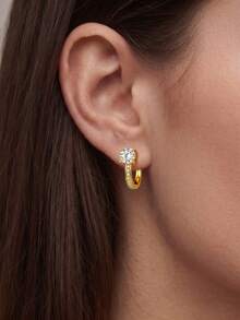 S925 Sterling Silver 4-Prong Cubic Zirconia Sparkling Earrings, French Luxury Elegant Romantic Ear Jewelry, Suitable For Daily Wear, Weddings, Holiday Occasions, Ideal Valentine's Day Gift For Women - Gold - View 5