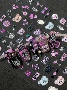1pc Sweet Punk Style 6D 3D Embossed Nail Stickers, Pink & Black Color Scheme With Skull, Bear, Lightning, Skeleton Hand & Fun Text, Subculture Vibe, Suitable For Streetwear, Y2K Look, Sweet Punk Nails, Party Occasions, Ideal For Subculture Enthusiasts, Students, Nail DIY Beginners, Personalized Girls - Multicolor - View 3