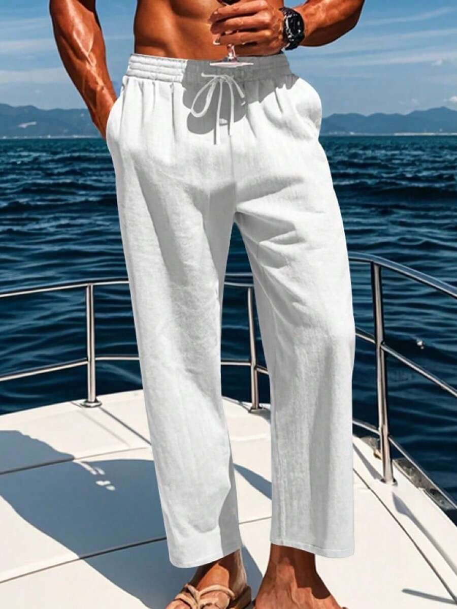男士亞麻長褲,輕盈透氣夏季長褲附抽繩,彈性腰帶亞麻長褲男款,休閒度假、休閒旅行與通勤 - 白色 - 查看 1