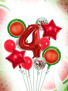 11pcs 32-Inch Red & Green Number Balloon Set, 18-Inch Watermelon Foil Balloon, Star Balloon, 12-Inch Red & Green Foil Confetti Transparent Latex Balloon, Suitable For Birthday Party, Watermelon Party, Summer Party Decoration - Multicolor - View 5