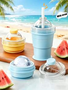 1pc 2-In-1 Foldable Ice Ball Maker, Reusable Portable Ice Ball Mold With Straw And Lid, Mini Tray, Leak-Proof Travel Cup, Suitable For Whiskey, Coffee, Juice (Blue + Yellow) - Multicolor - View 2