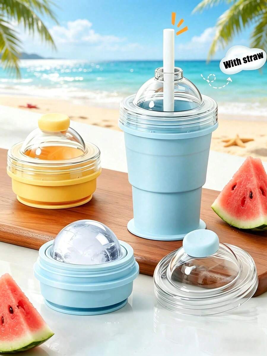 1pc 2-In-1 Foldable Ice Ball Maker, Reusable Portable Ice Ball Mold With Straw And Lid, Mini Tray, Leak-Proof Travel Cup, Suitable For Whiskey, Coffee, Juice (Blue + Yellow)