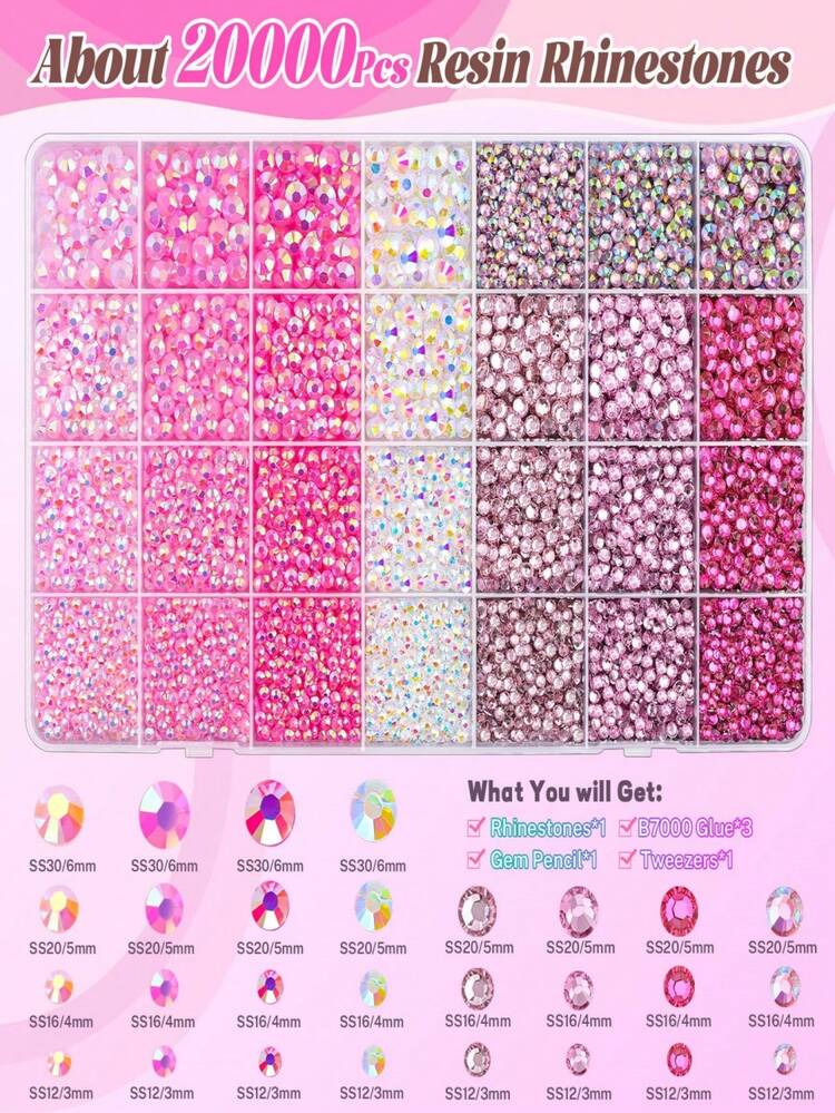 1 Hộp Bộ Đá Đính Móng Tay Phẳng Màu Hồng, Kích Thước Hỗn Hợp 3~6mm Màu AB & Trong Suốt, Bao Gồm Nhíp Và Bút Đính Đá, Đá Resin Bóng, Phù Hợp Cho Nghệ Thuật Làm Móng DIY Hàng Ngày Và Ngày Lễ - Nhiều màu - Xem 2