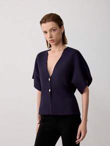 Women's Casual Solid Color Button Front Cardigan, Suitable For Summer & Autumn - Navy Blue - View 6