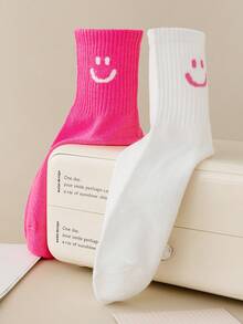 2 Pairs Women's Mid-Calf Socks Short Socks Fashion Smiling Face Pattern Mid-Calf Socks Holiday Versatile Unisex Couple Socks - Multicolor - View 2