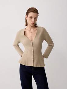 V-Neck Long Sleeve Knit Cardigan With Skirt Hem - Light Khaki - View 4