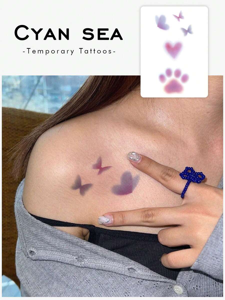 1pc Dreamy Gradient Purple Pink Heart Butterfly Cat Claw Pattern Tattoo Sticker, Temporary Tattoo Sticker, Simulated Tattoo Design, Suitable For Travel, Music Festival, Games, Graduation Gifts, Lasts For 3-5 Days - Multicolor - View 1