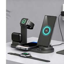 Estación de carga inalámbrica rápida 6-en-1 de 15W, soporte cargador multidispositivo compatible con iPhone 17/16/15/14/13/12, carga USB compatible con Apple Watch - Negro - Ver 5