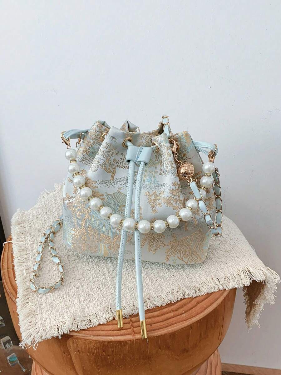 Fashionable Pearl Mini Bucket Bag - Blue - View 1