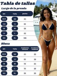 2 piezas traje de baño bikini para mujer, conjunto de bikini con tiras de espagueti, cuello halter, bloques de color azul y blanco,, conjunto moderno para playa, piscina y vacaciones de verano - Azul oscuro - Ver 8