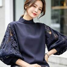 Women's Blouse, Top, T-Shirt, Summer Clothes, Three-Quarter Sleeves, Lace Trim, Relaxed Fit, Casual, Suitable For School, Commuting, Stylish, Cute, Relaxed, Lightweight, Cool, Breathable, Outing, Everyday Wear, Spring, Summer - Blue - View 3