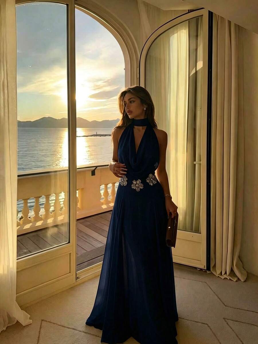 Elegant Romantic Party Beach Anniversary Formal Dinner Wedding Guest Evening Date 3D Floral Decor Halter Neck Dress Fall - Navy Blue - View 1