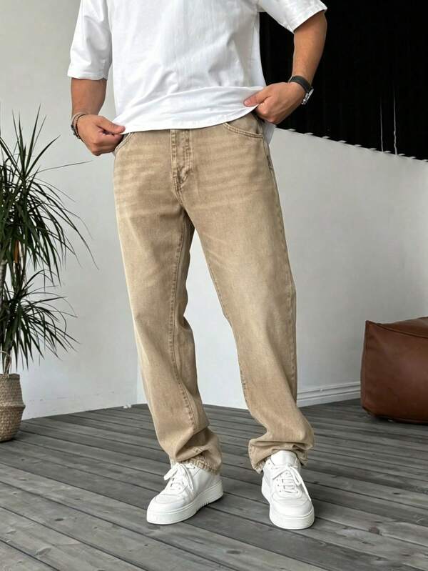 男士 Y2K 直筒休閒水洗牛仔長褲 時尚極簡黑色丹寧褲