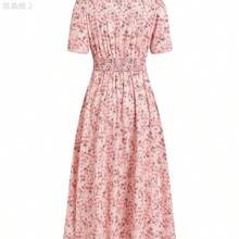 xuehuamaoyi02  Vestido elegante de longitud media con cuello redondo, manga corta, estampado floral y cinturón para mujer - Blanco - Ver 3