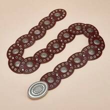 1 chiếc thắt lưng thời trang PU màu nâu vintage đính khoen bạc, mặt bánh tròn, khóa kim loại hình oval, phong cách Bohemian, phù hợp mặc hàng ngày - Nâu + Bạc cổ - Xem 3